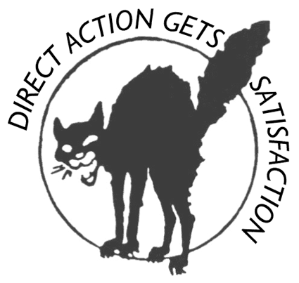schwarze katze mit schriftzug: direct action gets satisfaction